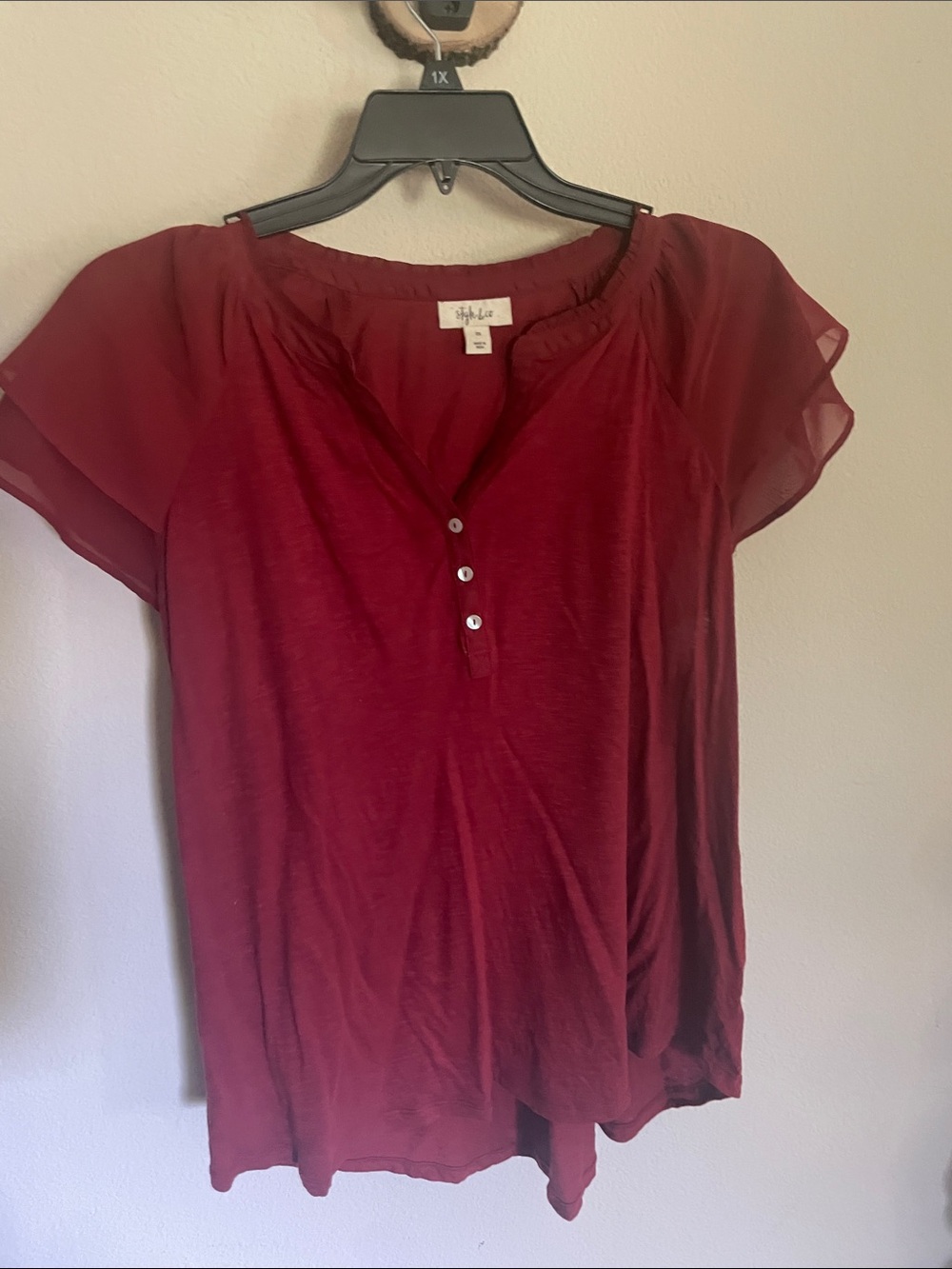 Style & Co. Burgundy Henley Blouse with Sheer Cap Sleeves